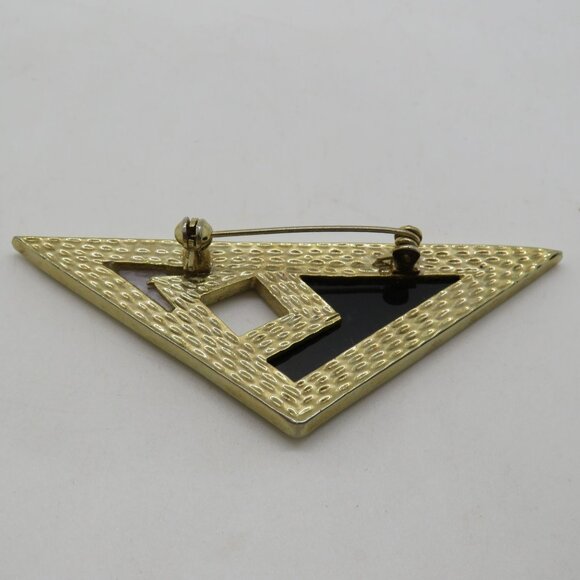 Vintage Triangle Brooch 3" Geometric Gold Tone Black Cream Inlays - Picture 5 of 7